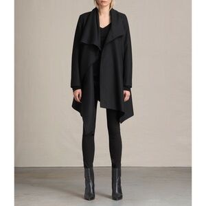AllSaints Black Italian Wool Blend Draped Asymmetric City Monument Coat Size 0
